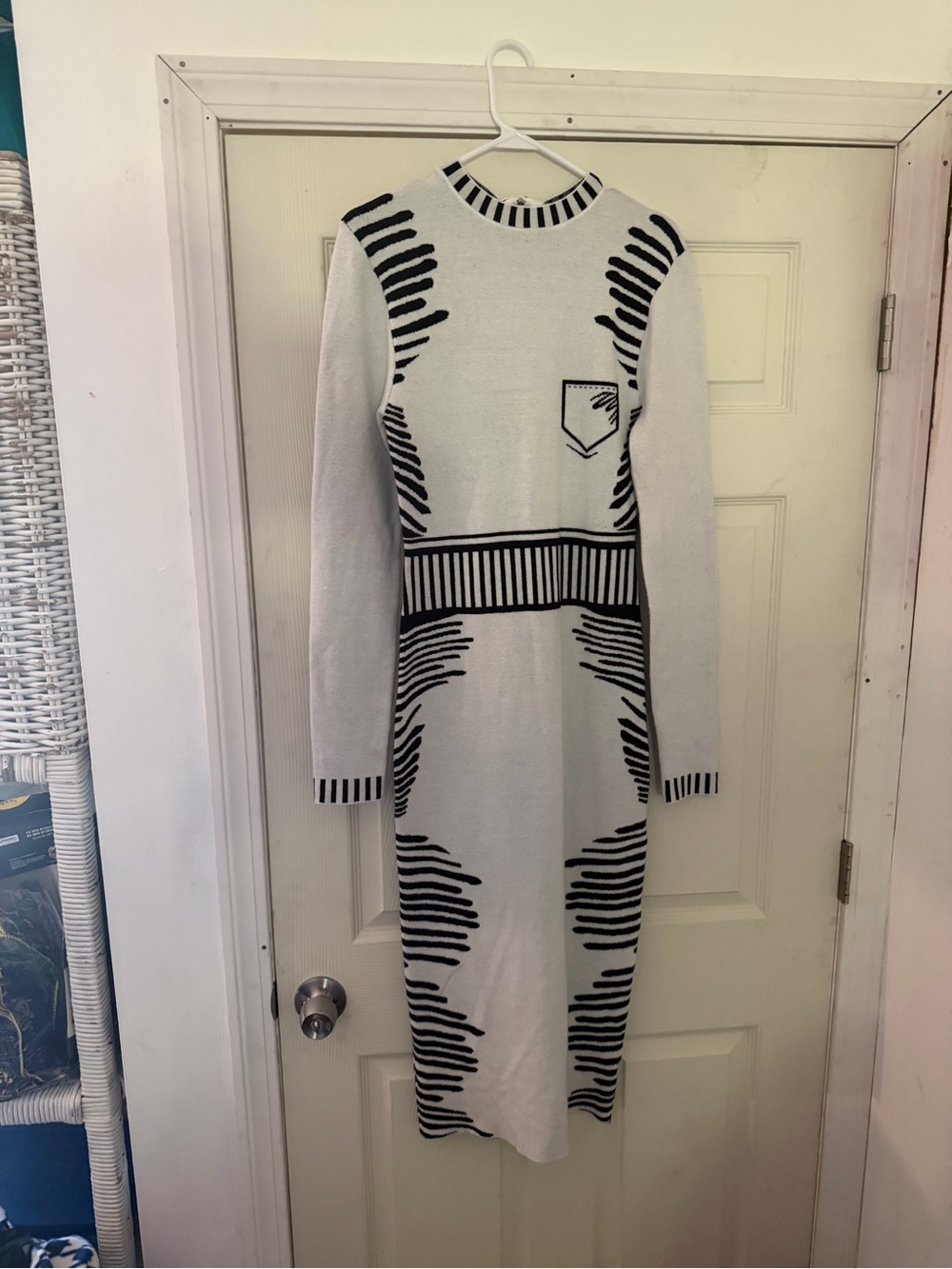 Fashion Nova White and Black Striped Pattern Long Sleeve Knit Dress